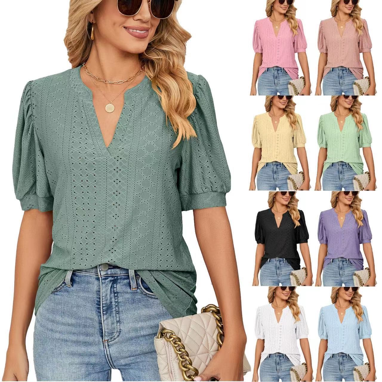 Women's Clothing Casual V-neck Top Solid Hollow Bubble Sleeve Loose T-shirt