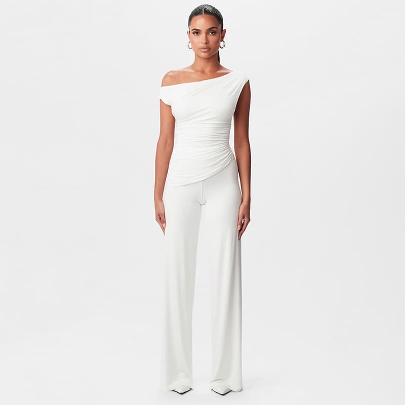 Women's Clothing Spring And Summer Diagonal Off Shoulder Hollow Pleated Elastic Waist Straight Loose Pants Suit