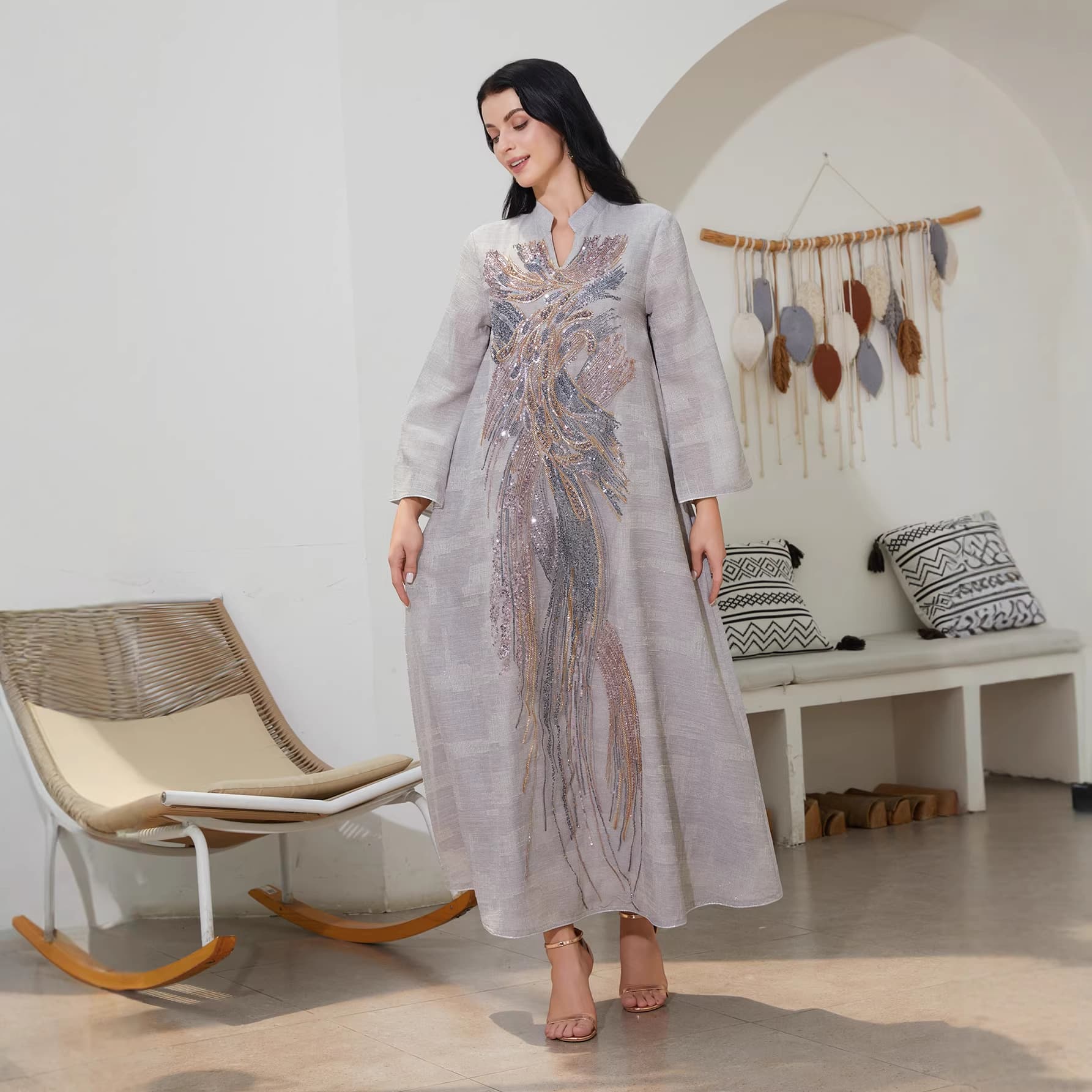 Elegant Dubai Abaya Dress – Modest Muslim Gown With Sheer Mesh & Embellishments, Long Sleeve Prayer Dress For Women