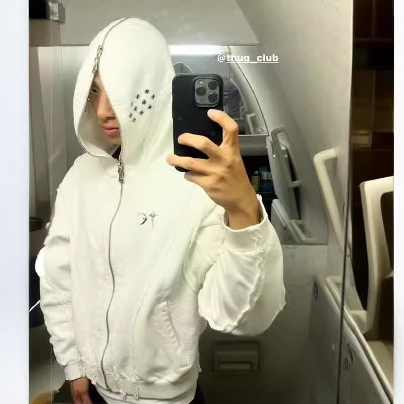 Men's Clothing THUG CLUB VIBE Washed Metal Zipper Masked Ninja Hooded Cardigan Short Sweatshirt Men's Jacket