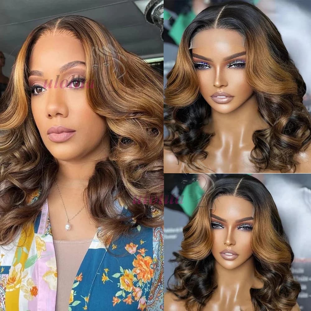 Brown Honey Blonde Body Wave Bob Human Hair Wig Transparent Lace Frontal Short Wigs Woman