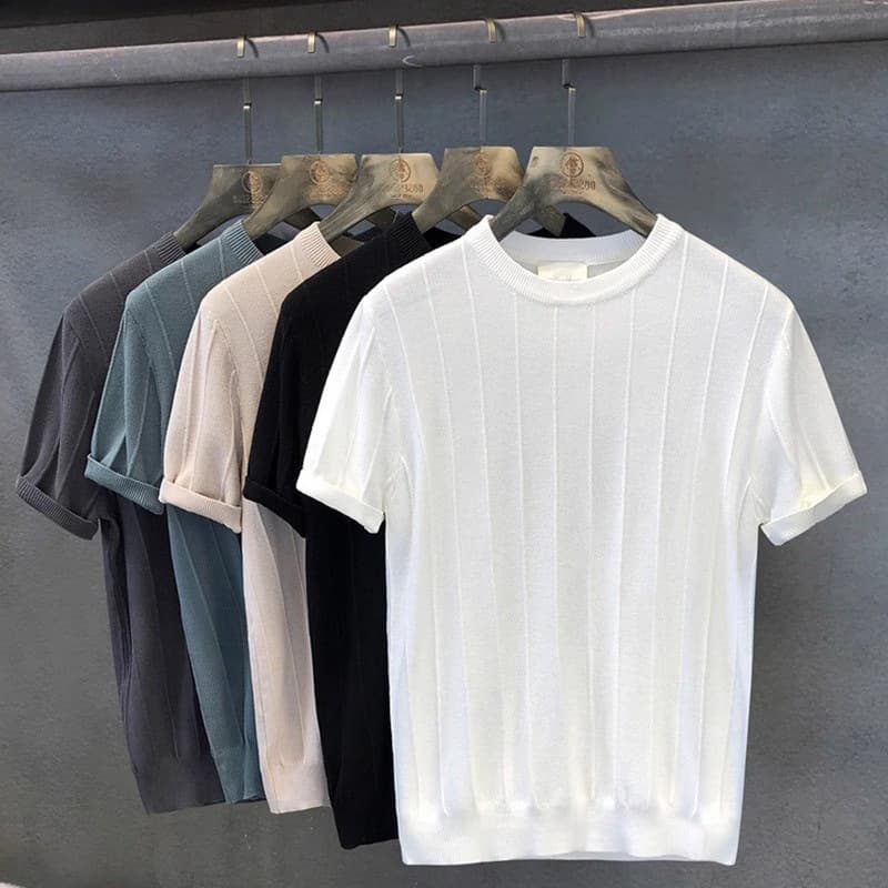 Men's Clothing High end ice silk knitted solid color round neck T shirt men's short sleeved casual half sleeved new T shirt for men