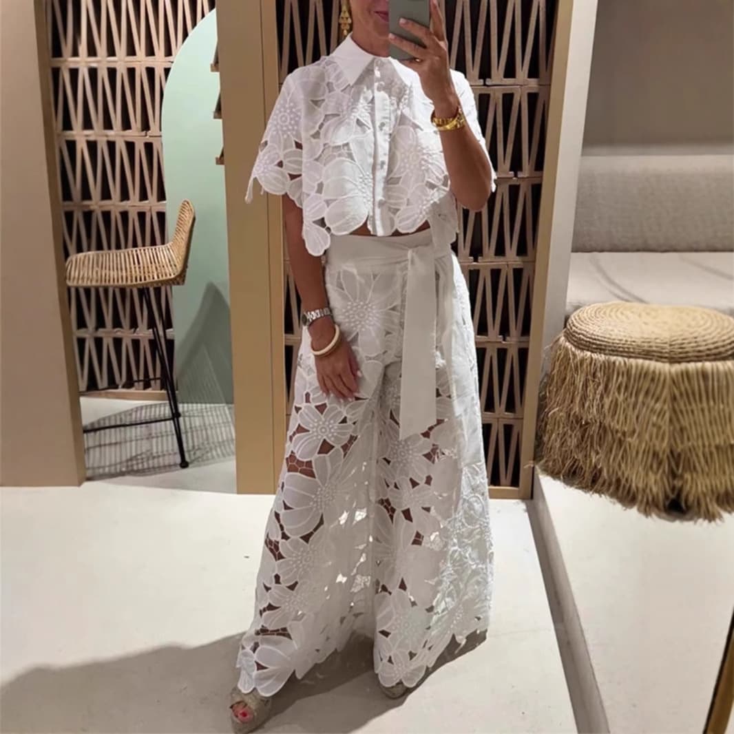 ​​Women's Sexy Hollow-Out Knit Top & Wide-Leg Pants Set – Breathable Polyester (White/Black/Yellow/Pink/Blue/Green, Summer Trendy Elegant Outfit)​