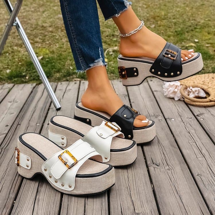 Women's Shoes Large Size 43 Square Heel Thick Sole Heightening Style One Strap Sandals Summer Buckle Rivet Women's Shoes