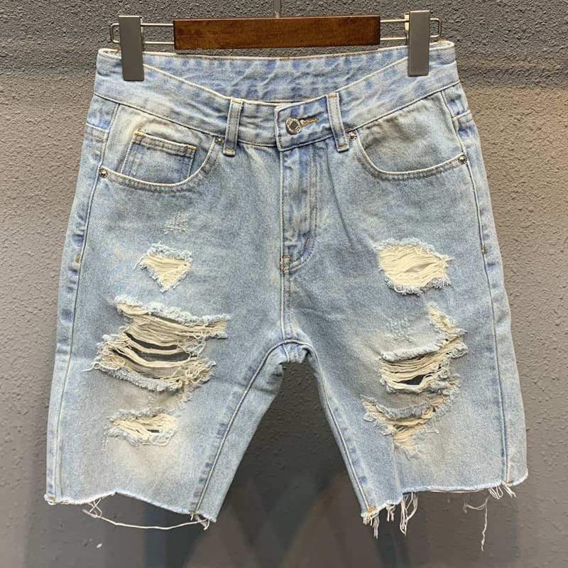 Men's Clothing Ripped denim shorts men light color shorts men's loose raw edge mid-length pants breeches beggar pants summer