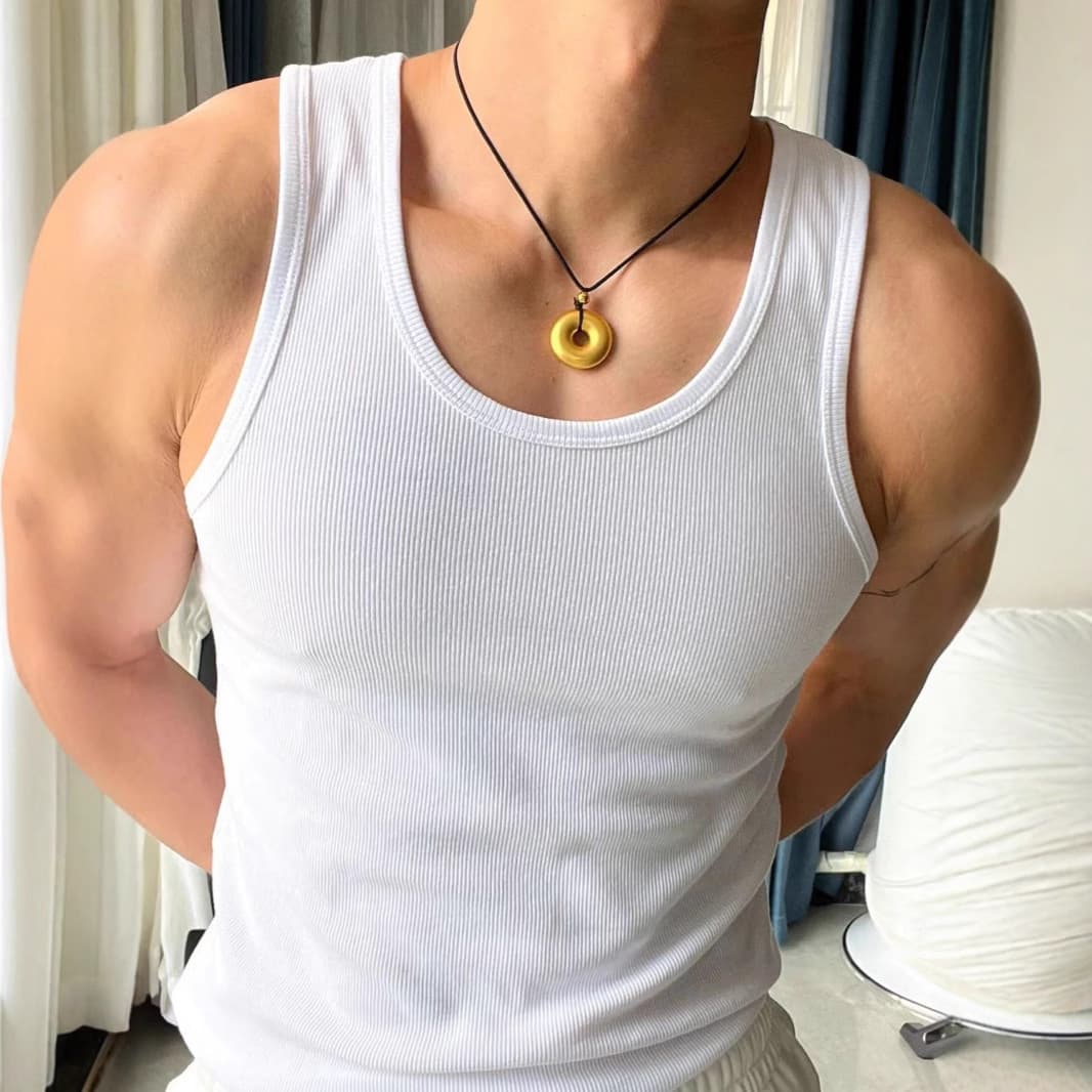 Men's Clothing Solid Color Threaded Vest For Men, White Base T Shirt, Sleeveless Waistcoat, Tight Fitting And Versatile Fitness Vest