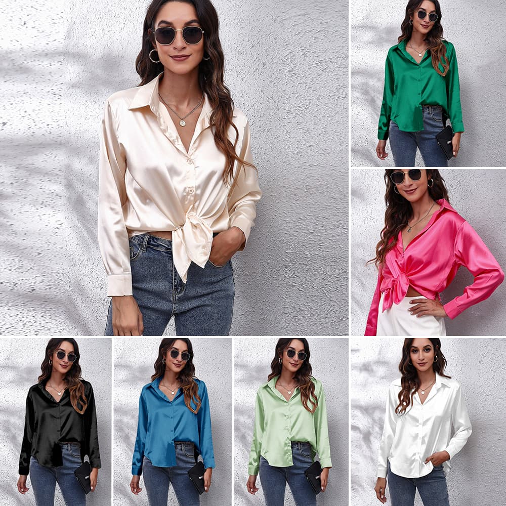 Women's clothing color D shirt satin silk imitation long sleeve shirt