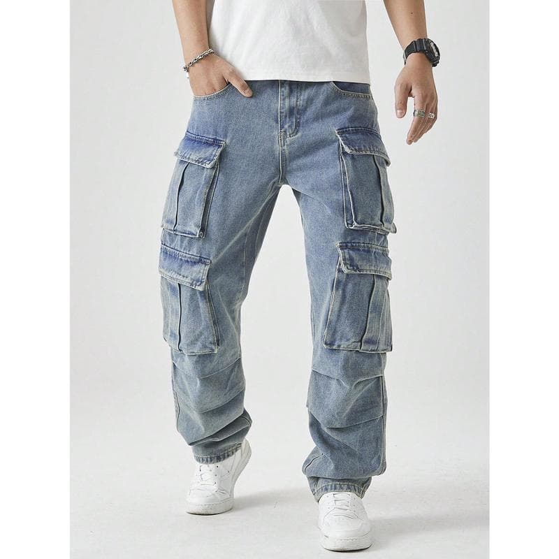 Men's Casual Washed Straight Leg Cargo Jeans - Relaxed Fit, Multi-Pocket Utility Pants In Light Wash/Army Green/Dusty Pink (S-XXL)​​