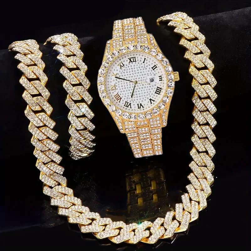 Ensemble de bijoux unisexe à quartz : montre, bracelet et collier, coffret cadeau, accessoires de mode style diamant et cristal 3 pièces