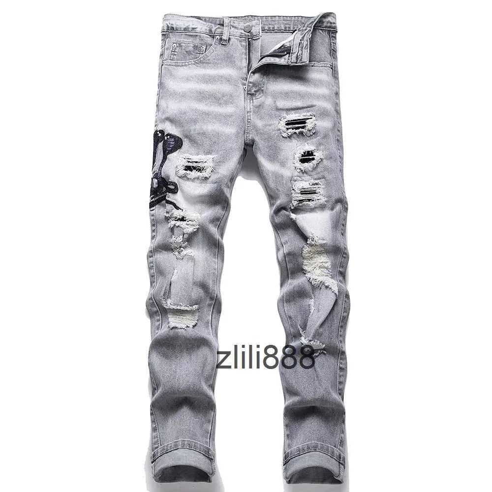 Men Snake Embroidery Gray Denim Jean Streetwear Hole Ripped Ditreed Stretch Pant Embroidered Slim Straight