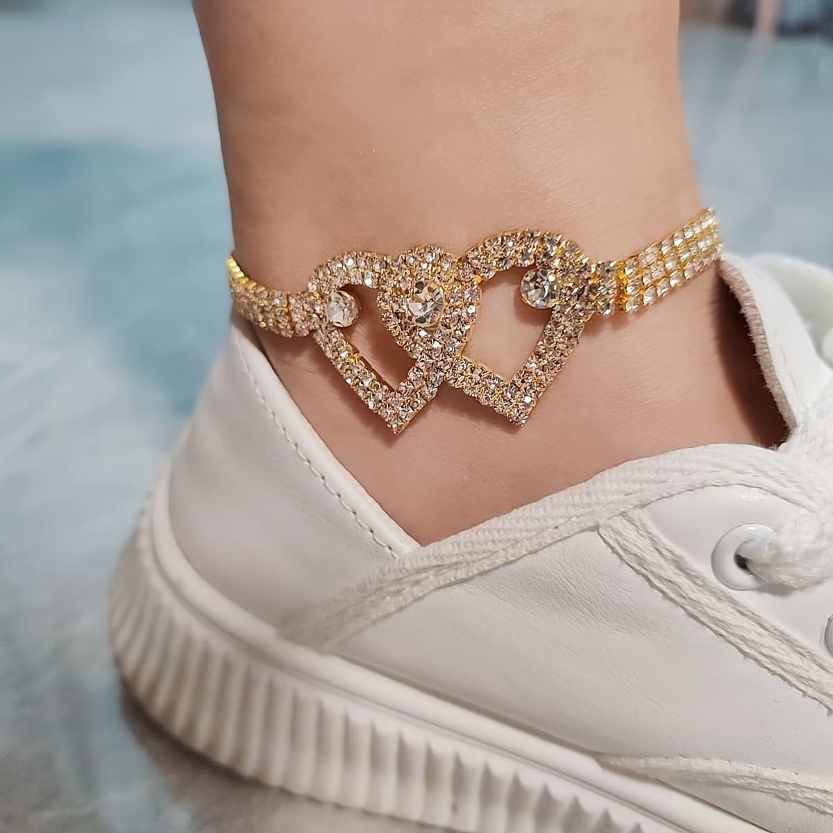 Cross-border Hot-selling Personalized Trendy Double Heart European And American Style Full Diamond Shiny Beach Anklet,