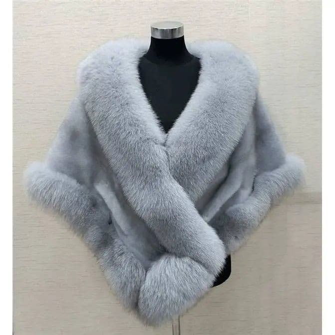Women's Clothing Luxury Faux Fur Shawl Cape - Elegant Winter Wrap With Fox Fur Design, Oversized Evening Cloak For Women