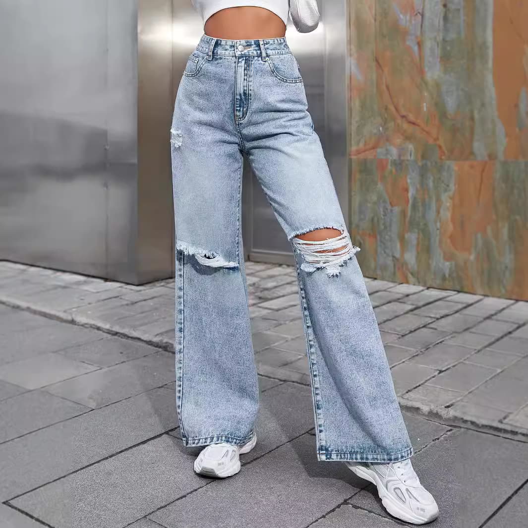 Women's Clothing INS Fashion Ripped High Waist Wide Leg Pants Casual Denim Trousers Trendy