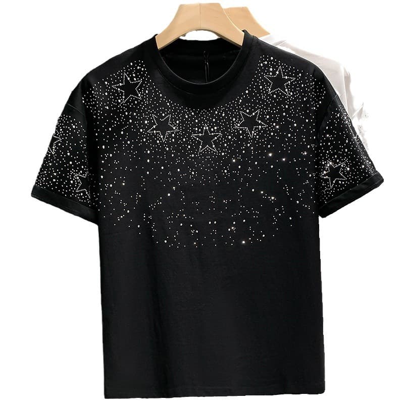 Teenage and guys brand light luxury men's T-shirt short sleeve star hot diamond net celebrity hot style high end niche half sleeved T-shirt