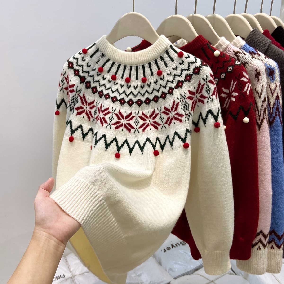 Fair Isle Knit Sweater For Women, Winter Christmas Cable Pullover With Nordic Patterns, Warm Polyester Blend In Red/Cream, S-XL Sizes