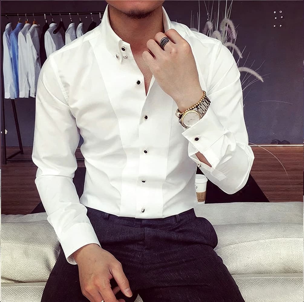 Men's Slim Fit Long Sleeve Dress Shirt – Wrinkle-Resistant White Business Shirt For Office & Formal Wear