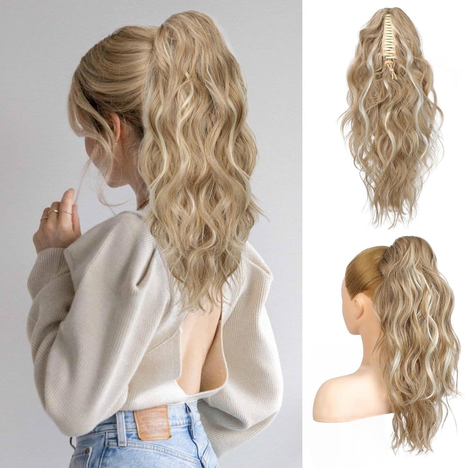 Cross-Border European And American Style Women's Water Wave Long Curly Hair Claw Clip Ponytail
