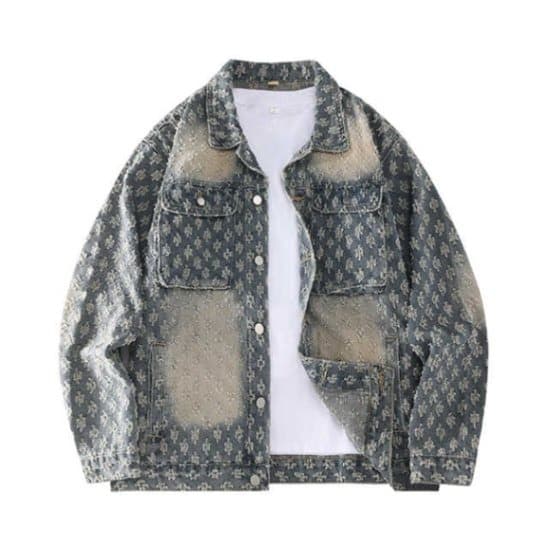 [VintageCraft] Men's Denim Jacket - Distressed Jacquard | Oversized Unisex Style