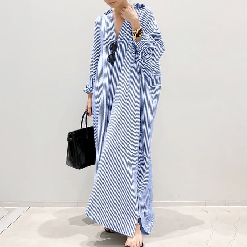 Women's plus size women's clothing long skirt striped straight skirt shirt dress loose coat three-quarter sleeve dress