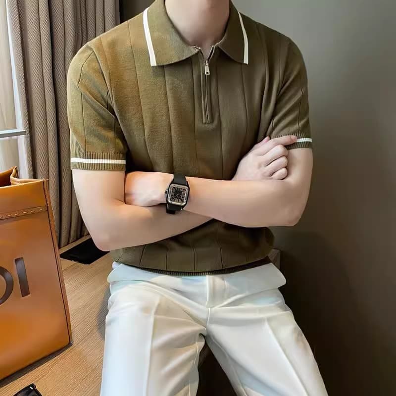 Summer New Short Sleeve Knitted Men's Half Zipper Polo Shirt Flip Collar Business Trendy T-Shirt