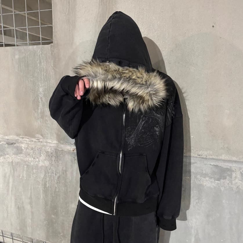 Men's Clothing ​Y2K Hooded Zip-Up Sweatshirt With Faux Fur Collar & Gothic Print - Streetwear Unisex Oversized Pullover For Men & Women (Black, Grey)​