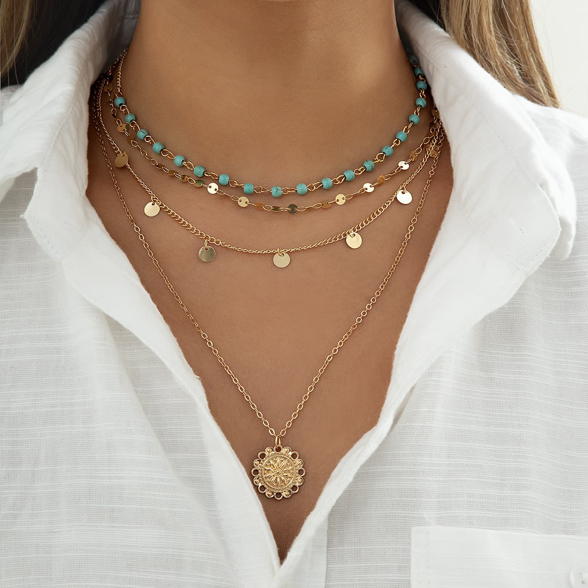 Necklace Women Golden Necklace Pendant Necklace Gold Minimalist Thin Chain Turquoise Beaded Flower Plate Pendant Necklace For Women With Tassel And S