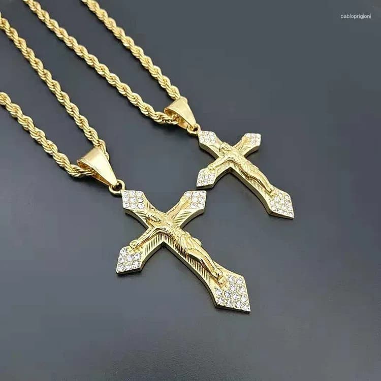 Pendant Necklaces Gold Color Cross Christ Jesus Necklace 316L Stainless Steel Link Rolo Chain Heavy Men Jewelry Gift