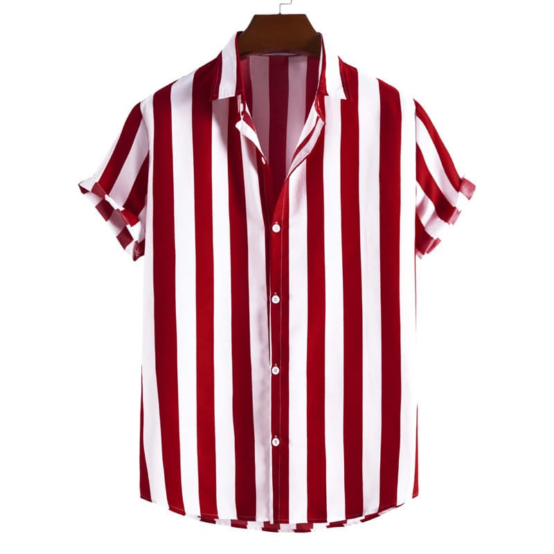 Men's Digital Printing Striped Hawaiian Lapel Thin Short-sleeved Shirt Men