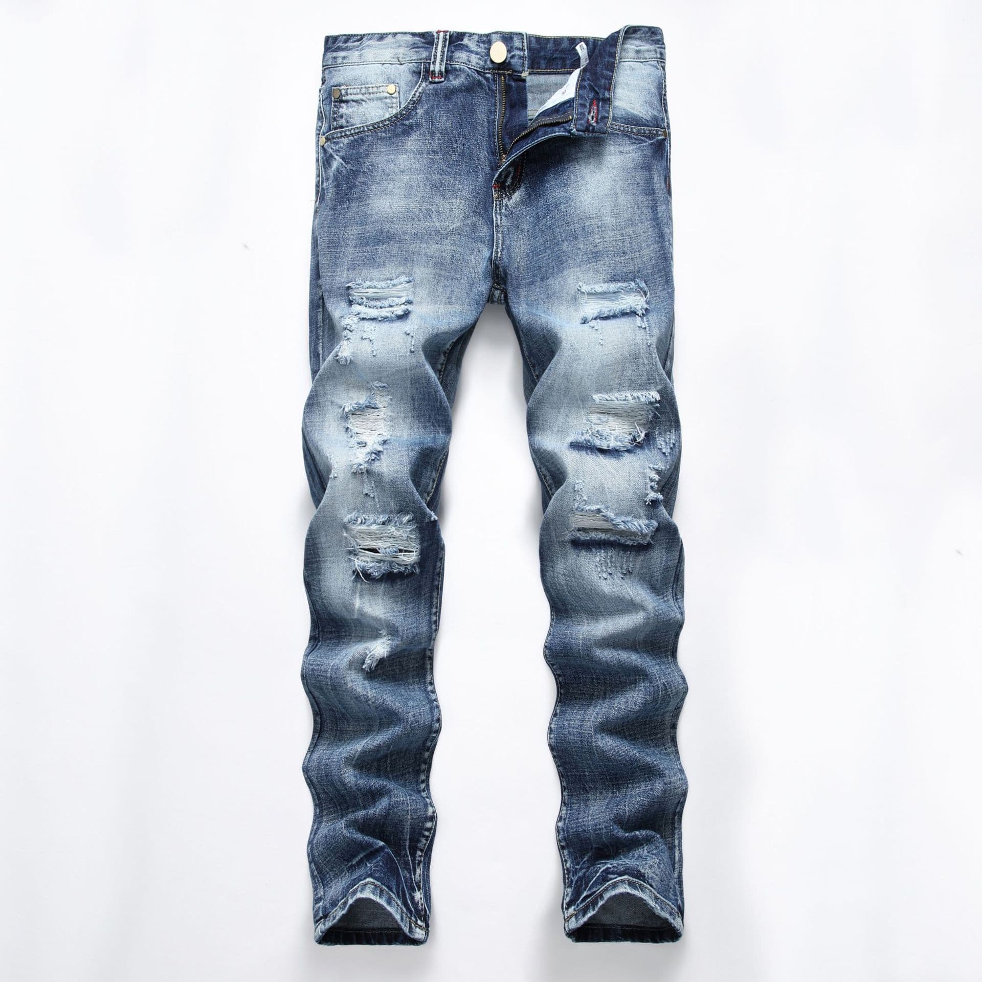 Vêtements pour hommes Jeans déchirés à jambe droite, coupe slim, non extensibles, pantalons en denim clair déchirés pour hommes