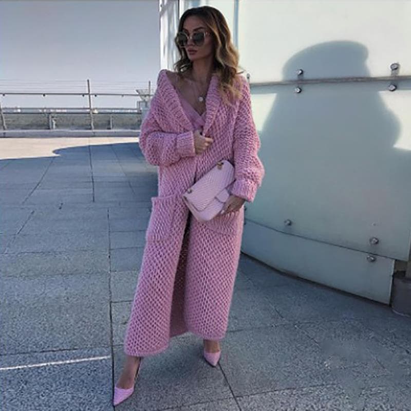 Women's Lapel Knit Cardigan Collage Solid Colour Long Knit Sweater