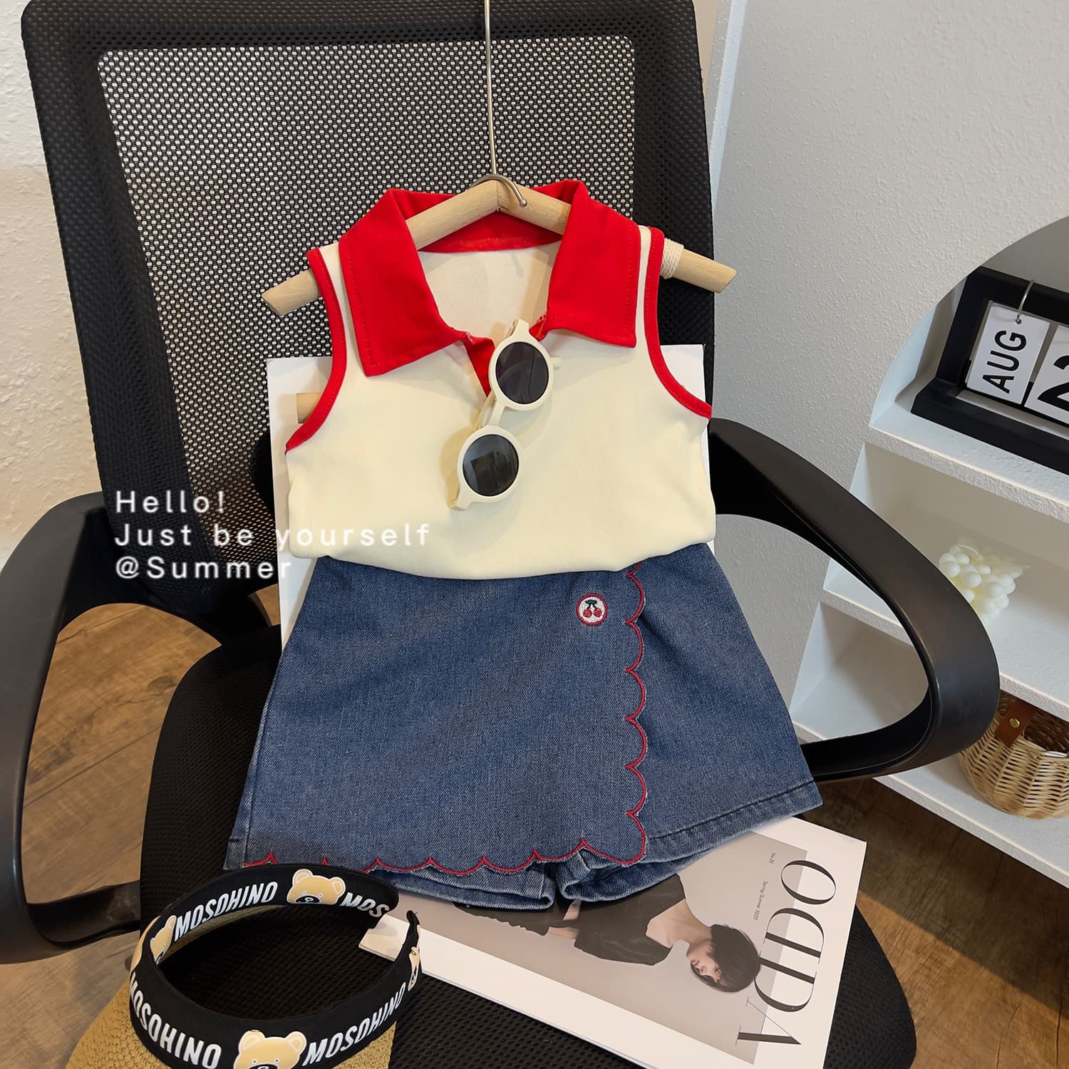2024 Summer New Korean Edition Denim Shorts Flip Collar Small Sleeveless Girls Fashion Set 23277