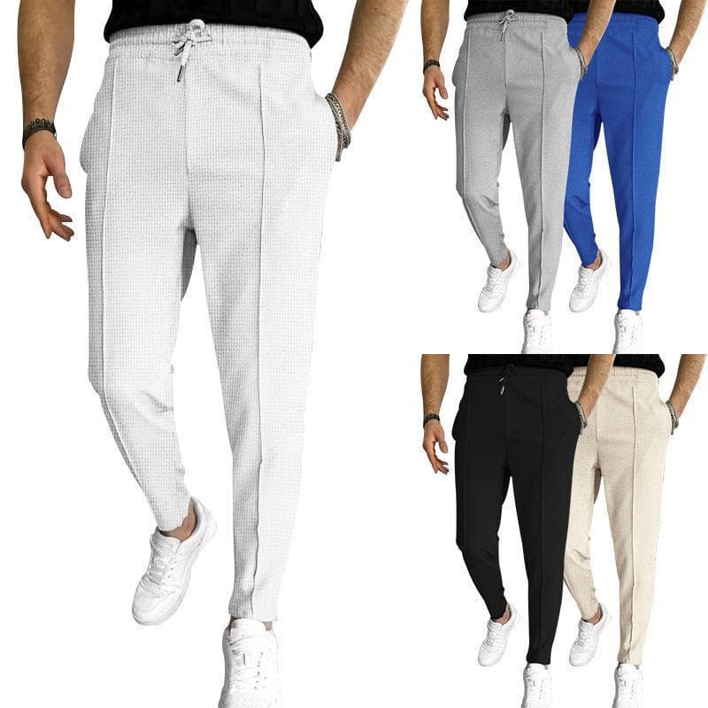 Men's Casual Tracksuit Pants 2025 New Style Spring/Summer Fashion Waffle Check Elastic-Waist Drawstring Calf Pants