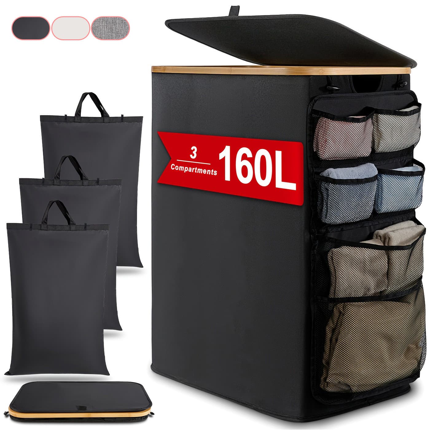 Bamboo Laundry Hamper With 3 Inner Bags – Large Capacity Multi-Compartment Clothes Organizer – Breathable & Foldable Dirty Clothes Basket