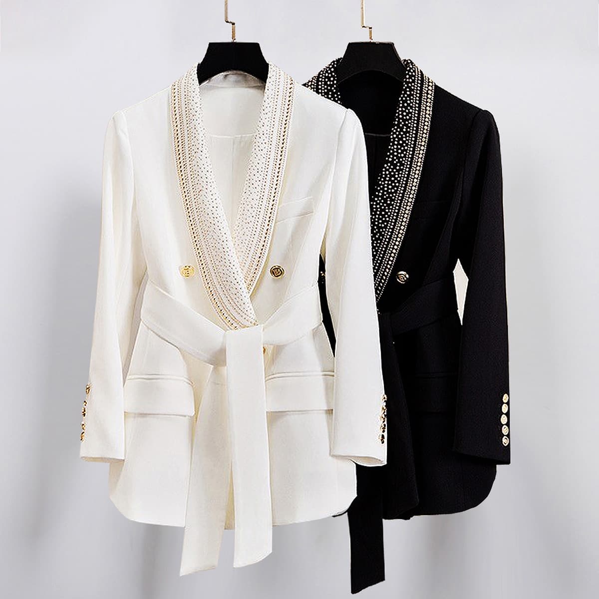 Women's Clothing In stock 2024 autumn and winter fashion new bronzing belt green fruit collar mid length women's suit jacket black and white
