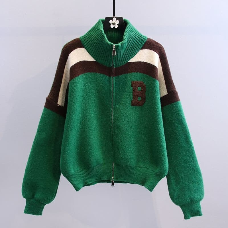 Women's Clothing autumn new Korean loose lazy style knitted cardigan color matching letter half turtleneck sweater jacket for women
