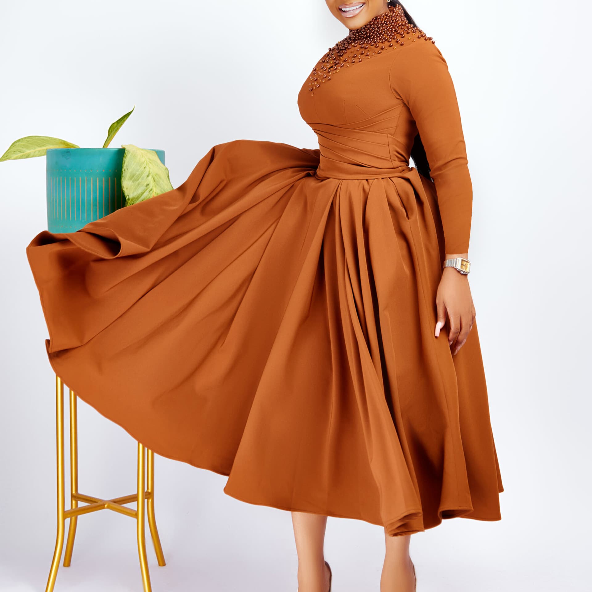 Women's Clothing D454 women's new fashionable high collar elegant beaded full dress waist waist dress