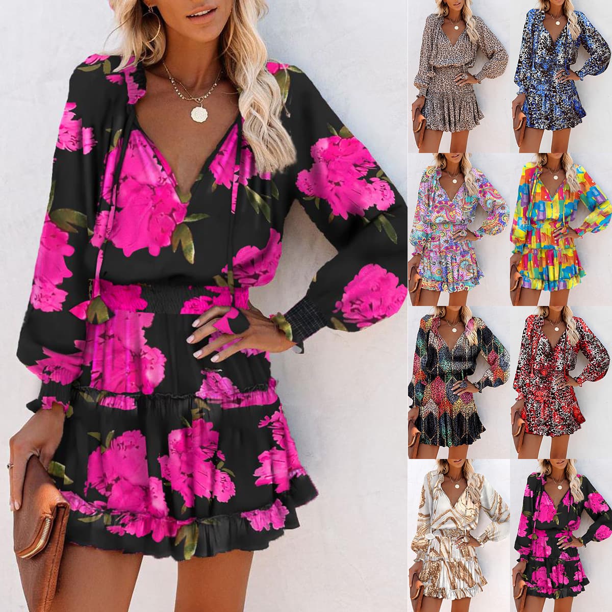 Women's Clothing Fashion Printed V-Neck Long Sleeve Dress ​​Your Summer Wardrobe Hero​​ Trendy Casual Maxi Dress For Women