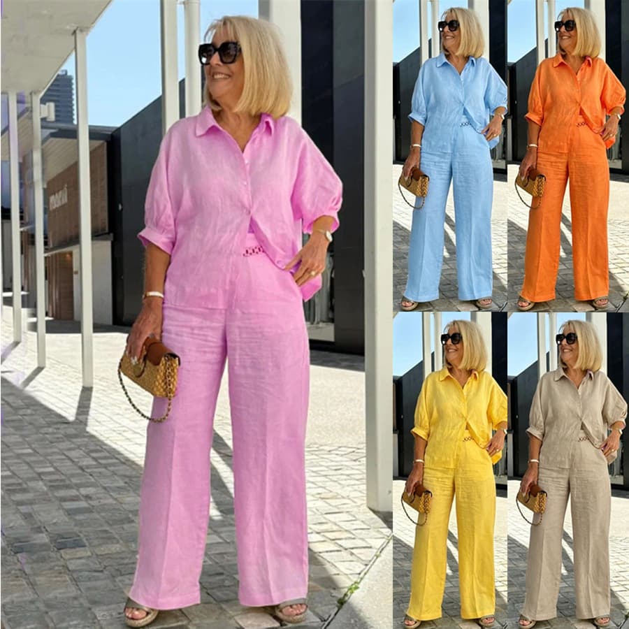 Women's Two Piece Set Spring Autumn Casual Solid Color Wide Leg Pants Collared Shirt