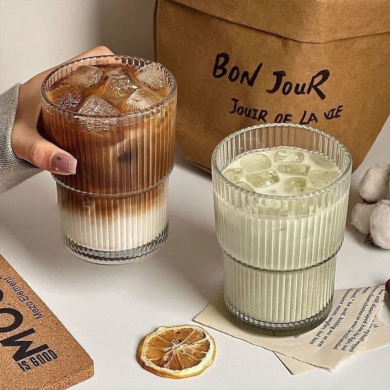 Striped Glass Coffee Cup With Lid & Straw - 12oz Reusable Drinking Glass For Hot/Cold Beverages (Iced Latte Milk Juice Dishwasher Safe)