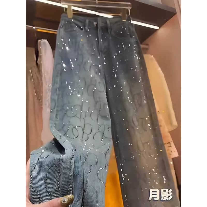 Rhinestone Jeans For Women 2025 Spring Summer New Design High Waist Heavy Craft Shiny Loose Straight Wide Leg