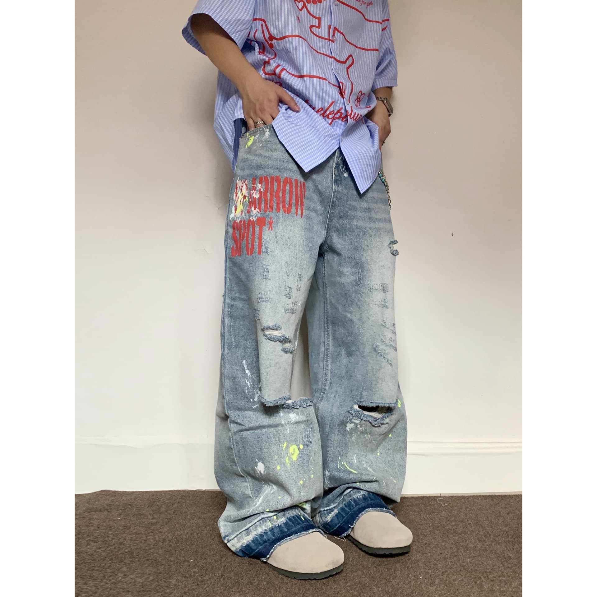 Summer American High Street Retro Hip Hop Washed Old Graffiti Jeans Men's And Women's Loose Straight Wide-leg Floor-mopping Trousers
