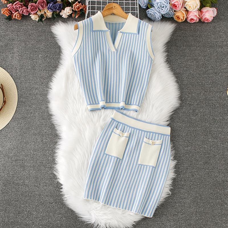 Women's Clothing College Style Striped Contrast Color Lapel Sleeveless Knitted Sweater Vest Top + Skirt