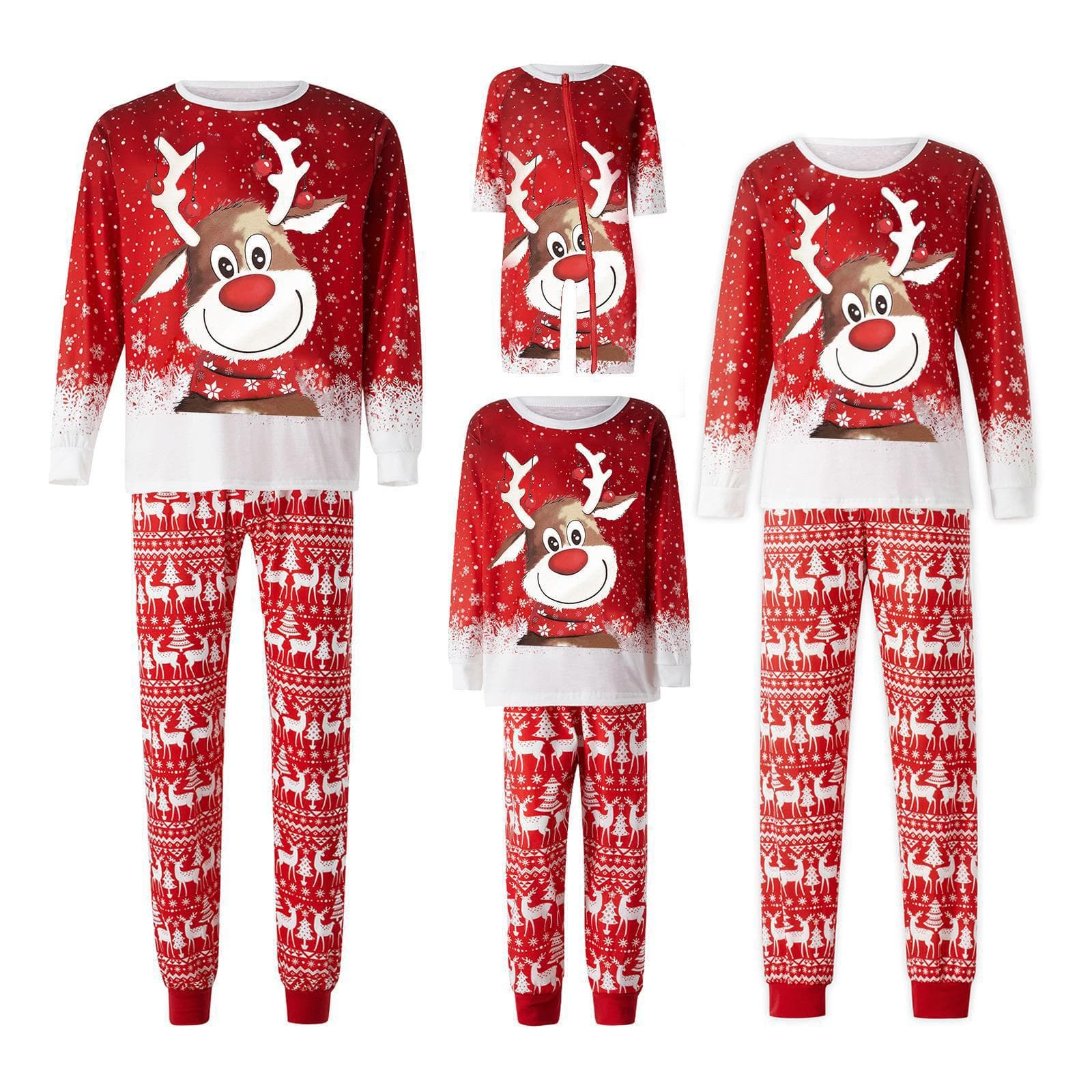 Mother & Kids Cozy Christmas Family Matching Pajama Set With Cute Snowflake Deer Print - Red & White Antler (Sizes For Dad, Mom, Kids, Baby & Pets)