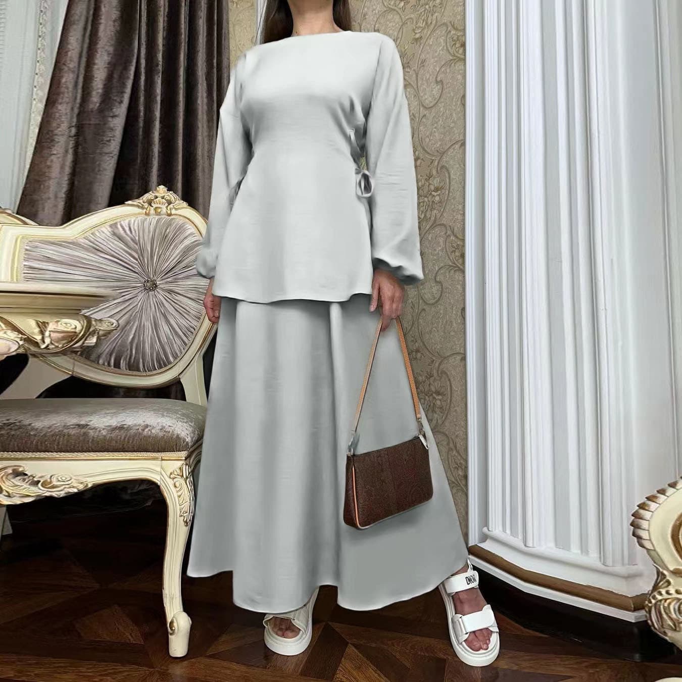 Women's Clothing new fashion lace-up long-sleeved slim tops and half-length skirt suits