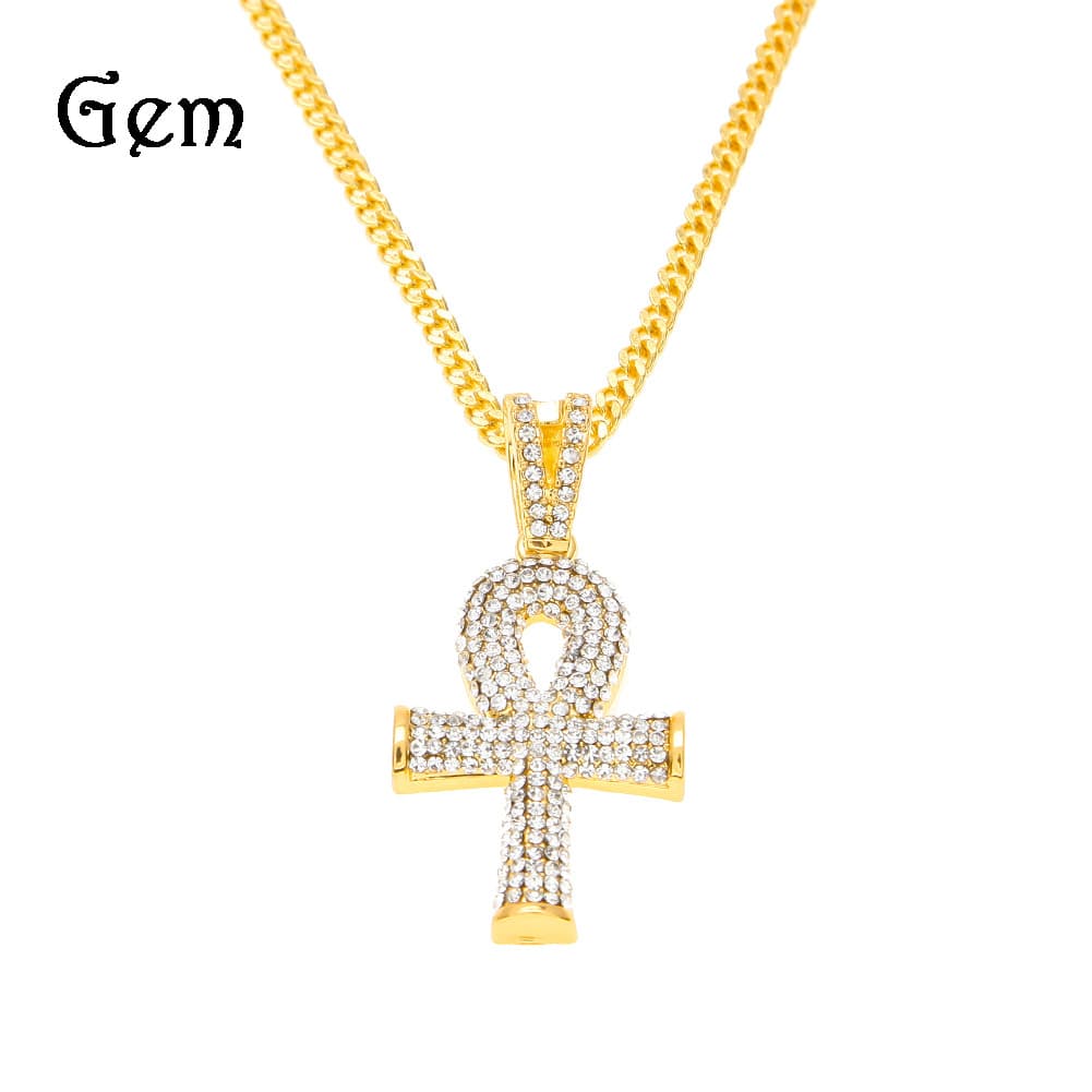 Egyptian Ankh Key Pendant Necklace With Diamond Accents - Hip Hop Unisex Jewelry - Gold/Silver Cuban Chain For Men And Women