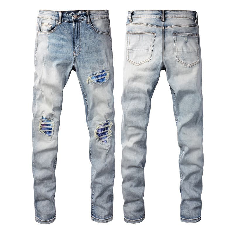 Men's Clothing Men's Fashion Brand High Street Ripped Jeans Men's Elastic Colorful Patch Men's Skinny Pants