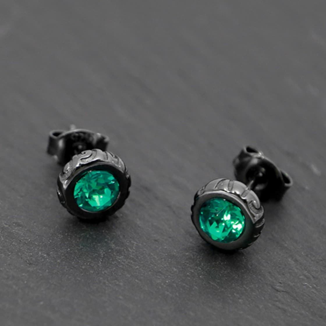 Black Gold & Green Diamond Stud Earrings - Premium 925 Silver Hypoallergenic Earrings For Men & Women - Minimalist Round Ear Studs