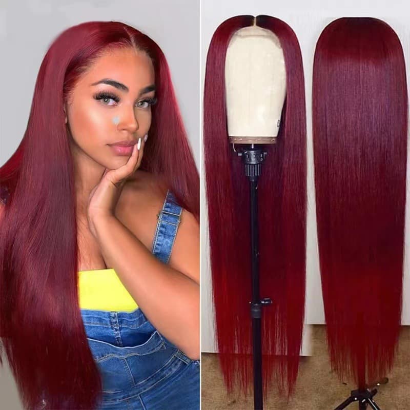 Wig woman wine red long straight hair with long bangs fashion chemical fiber headgear