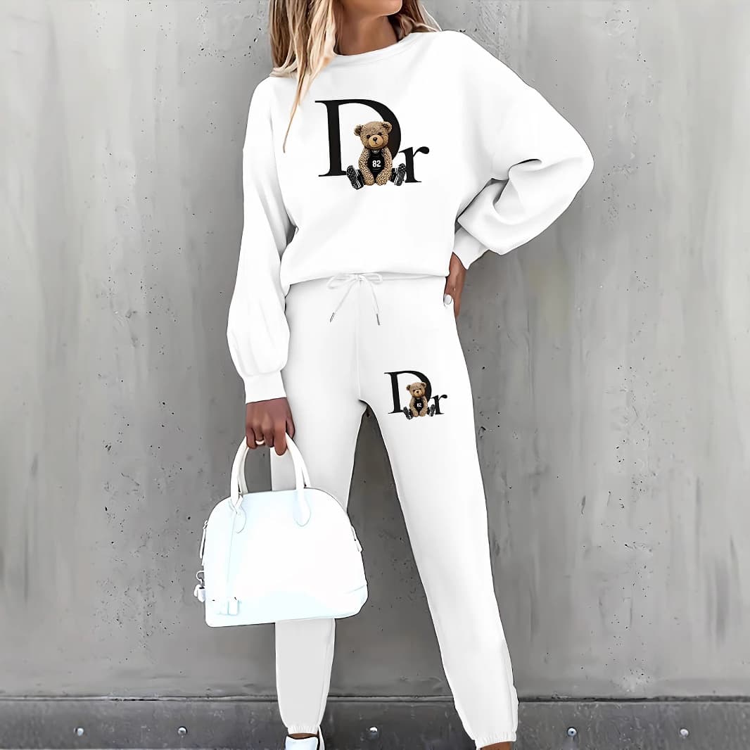 Women's Printed Two Piece Tracksuit, Long Sleeve Pullover Top And Drawstring Waist Pants, Casual Sportswear For Spring And Fall