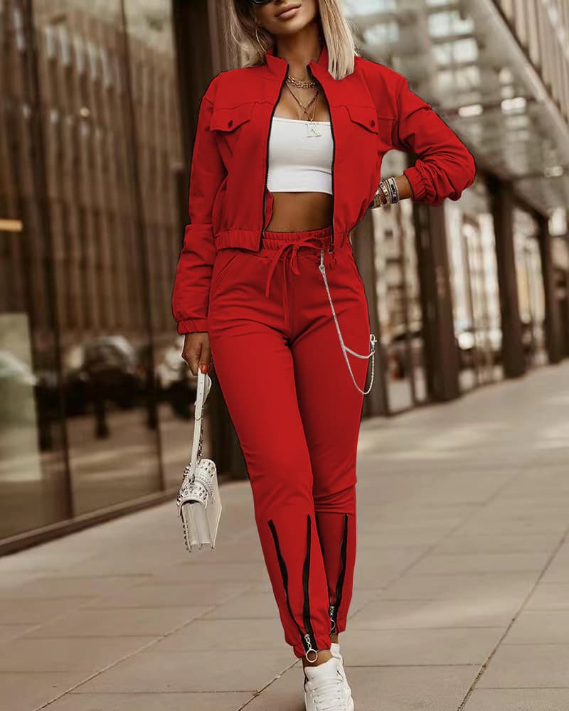 Women's new zipper design long-sleeved top + drawstring pants casual suit